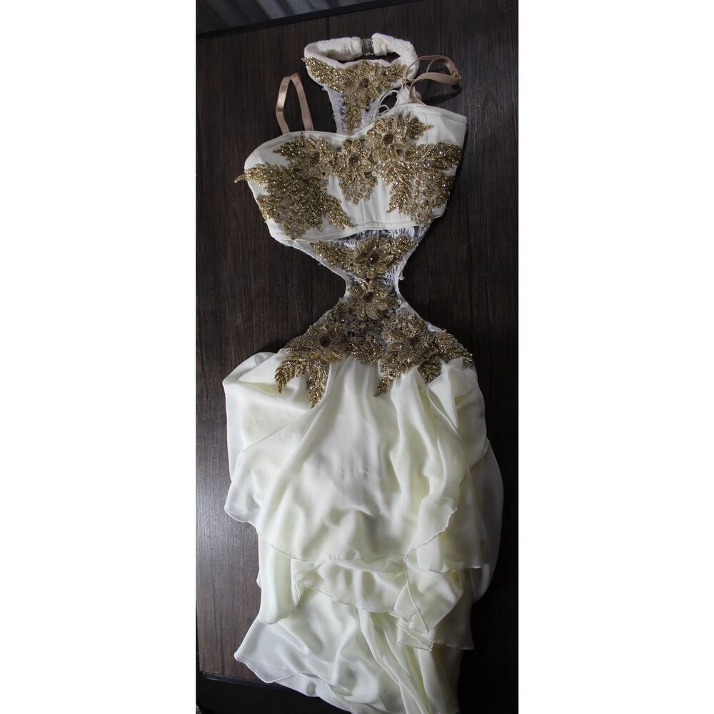 Custom Girls 14 Ice Skating costume gold glitter floral halter dance competition - Picture 2 of 16